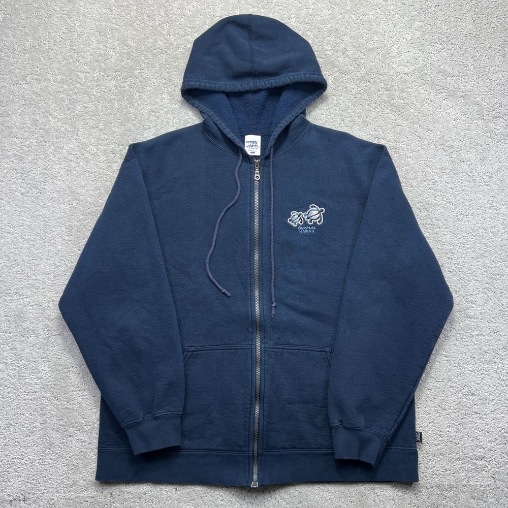 Crazy Shirt Hawaii Hoodie Mens Large Navy Blue Honu Turtle Embroidered Full Zip